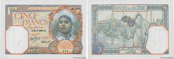 Country : ALGERIA 
Face Value : 5 Francs  
Date : 14 mai 1941 
Period/Province/B...