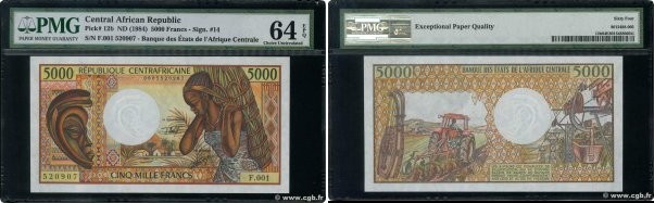Country : CENTRAL AFRICAN REPUBLIC 
Face Value : 5000 Francs  
Date : (1984) 
Pe...