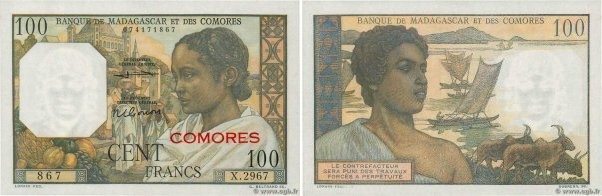 Country : COMOROS 
Face Value : 100 Francs  
Date : (1960) 
Period/Province/Bank...