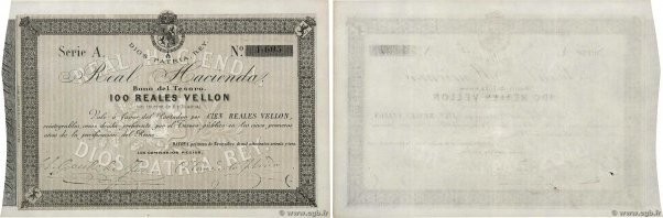 Country : SPAIN 
Face Value : 100 Reales De Vellon  
Date : 01 novembre 1873 
Pe...