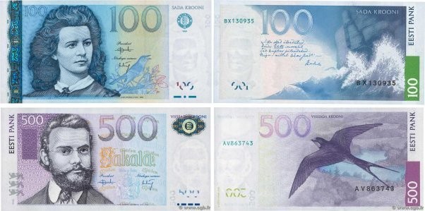 Country : ESTONIA 
Face Value : 100 et 500 Krooni Lot 
Date : 1999-2000 
Period/...