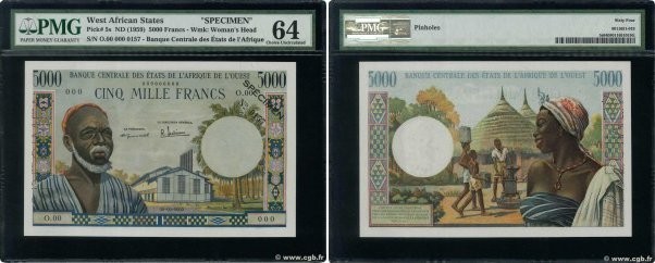 Country : WEST AFRICAN STATES 
Face Value : 5000 Francs Spécimen 
Date : (1964) ...