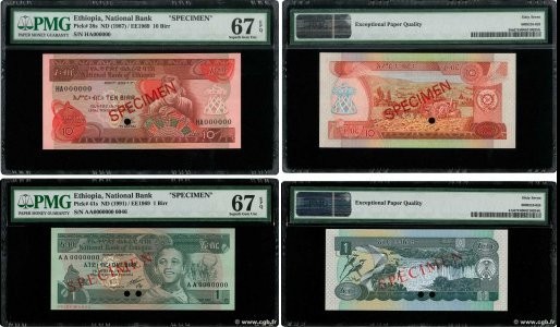 Country : ETHIOPIA 
Face Value : 1 et 10 Birr Spécimen 
Date : (1991) 
Period/Pr...