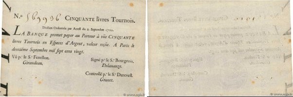 Country : FRANCE 
Face Value : 50 Livres Tournois typographié  
Date : 02 septem...