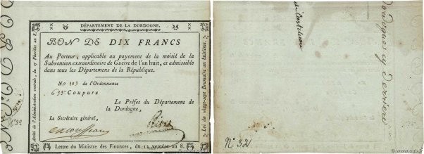 Country : FRANCE 
Face Value : 10 Francs  
Date : 1799 
Period/Province/Bank : A...