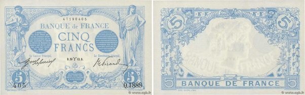 Country : FRANCE 
Face Value : 5 Francs BLEU  
Date : 20 mars 1913 
Period/Provi...