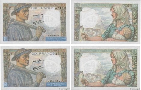 Country : FRANCE 
Face Value : 10 Francs MINEUR Consécutifs 
Date : 22 juin 1944...