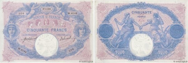 Country : FRANCE 
Face Value : 50 Francs BLEU ET ROSE  
Date : 27 mars 1915 
Per...