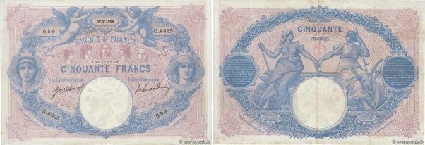 Country : FRANCE 
Face Value : 50 Francs BLEU ET ROSE  
Date : 09 mai 1916 
Peri...