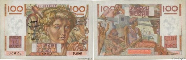 Country : FRANCE 
Face Value : 100 Francs JEUNE PAYSAN  
Date : 01 avril 1954 
P...
