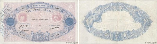 Country : FRANCE 
Face Value : 500 Francs BLEU ET ROSE  
Date : 09 septembre 929...