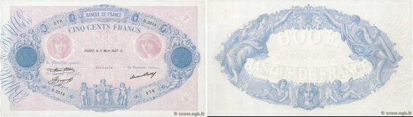 Country : FRANCE 
Face Value : 500 Francs BLEU ET ROSE  
Date : 11mars1937 
Peri...