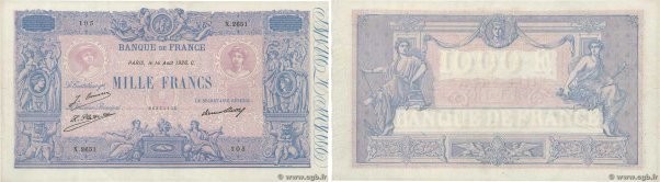 Country : FRANCE 
Face Value : 1000 Francs BLEU ET ROSE  
Date : 14 août 1926 
P...