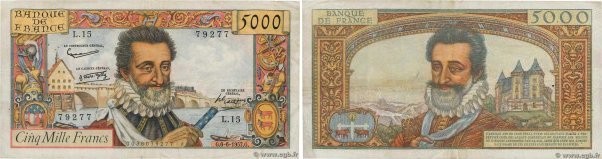 Country : FRANCE 
Face Value : 5000 Francs HENRI IV  
Date : 06 juin 1957 
Perio...