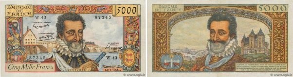 Country : FRANCE 
Face Value : 5000 Francs HENRI IV  
Date : 02 janvier 1958 
Pe...