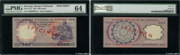 Country : KATANGA 
Face Value : 500 Francs Spécimen 
Date : 17 avril 1962 
Perio...