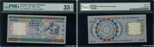 Country : KATANGA 
Face Value : 1000 Francs  
Date : 26 février 1962 
Period/Pro...