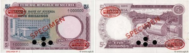 Country : NIGERIA 
Face Value : 5 Shillings Spécimen 
Date : (1967) 
Period/Prov...