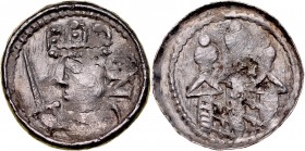 Bolesław Śmiały 1058-1079, Denar, typ królewski, Av.: Popiersie króla z mieczem, za nim litera Z, Rv.: Trójkopułowa budowla.