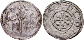 Bolesław III Krzywousty 1107-1138, Denar, Av.: Książę i Św. Wojciech, Rv.: Krzyż, między ramionami kropki, napis.