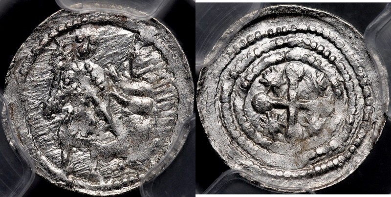 Bolesław III Krzywousty 1107-1138, Denar, Av.: Walka ze smokiem, Rv.: Krzyż, mię...