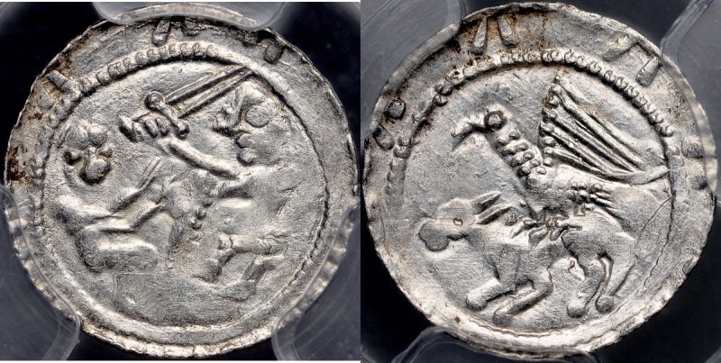 Władysław II Wygnaniec 1138-1146, Denar, Av.: Książę i jeniec, Rv.: Orzeł i zają...