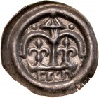 Księstwo Krakowskie, Biały 1194-1227, Brakteat, Av.: Podwójna arkada, pod nia lilie, nad zwieńczeniem baszta, w odcinku herbrajski napis BRACHA