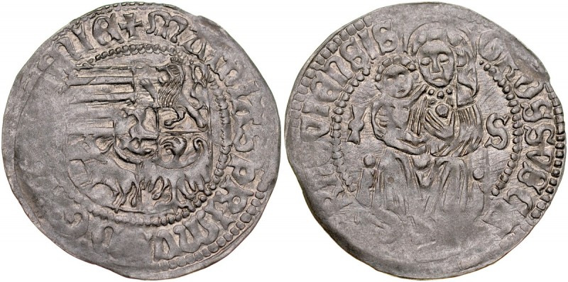 Księstwo Karniowskie, Maciej Corvin 1471-1490, Grosz bez daty, Av.: Tarcza herbo...