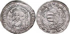 Ludwik Węgierski 1370-1382, Grosz węgierski, Av.: Król w majestacie, tytulatura królewska, Rv.: Herb Andygawenów, tutulatura królewska.