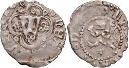 Władysław Opolczyk 1372-1379, Kwartnik ruski, Av.: Litera W w ornamencie, napis: MONETA RUSSIE Rv.: Lew, napis: WLADISLAVS DVX. RRR.