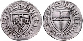 Winrych von Kniprode 1351-1382, Szeląg, Av.: Tarcza wielkiego mistrza, Rv.: Tarcza krzyżacka.