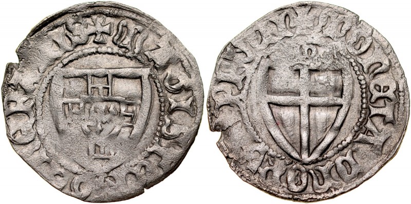 Herman Gans 1413-1414, Szeląg, Gdańsk, Av.: Tarcza wielkiego mistrza, Rv.: Tarcz...