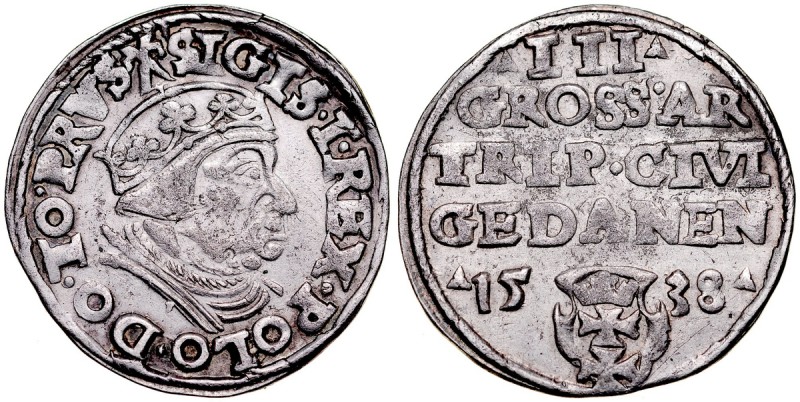 Zygmunt I Stary 1506-1548, Trojak 1538, Gdańsk. Kop. 7332, Iger G.38.1.var, paty...