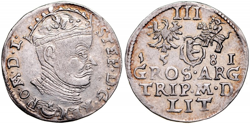 Stefan Batory 1576-1586, Trojak 1581, Wilno. Kop. 3365, Ivanauskas 4SB28-11, Gum...