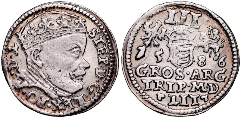 Stefan Batory 1576-1586, Trojak 1586, Wilno. Kop. 3379, Ivanauskas 4SB60-90, Gum...