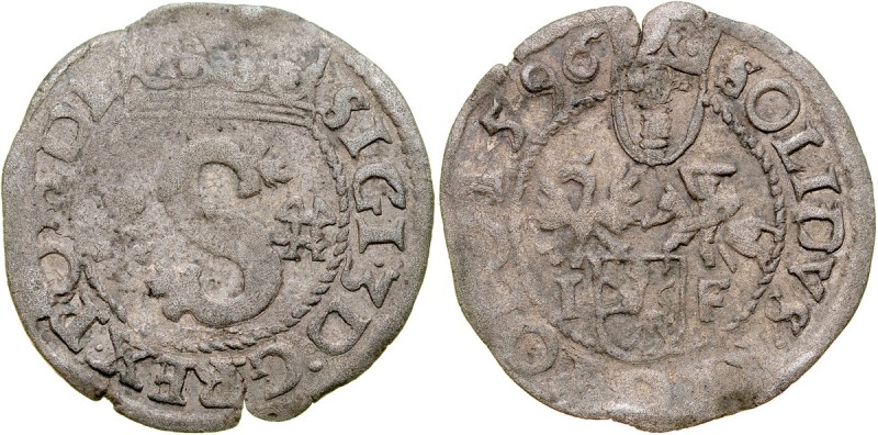 Zygmunt III 1587-1632, Szeląg 1596, Wschowa. RR Kop. 649 R6, Gum. 860, bardzo rz...