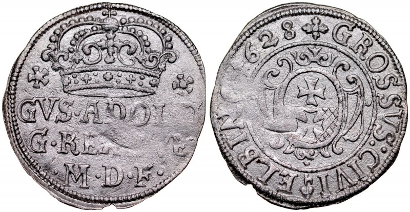 Gustaw II Adolf 1626-1632, Grosz 1628, Elbląg. RRR Kop. 9597 R8, AHL 28 XR, pona...