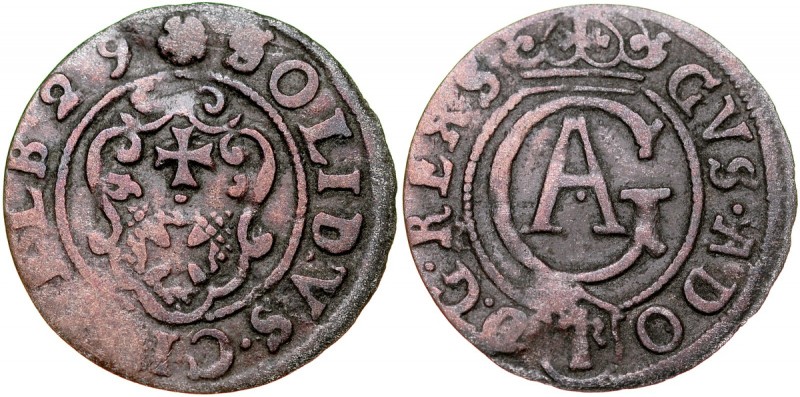 Gustaw II Adolf 1626-1632, Szeląg 1629, Elbląg. RRR Kop. 9586 R8, Ahl. 32 XR, ek...