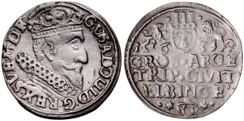 Gustaw II Adolf 1626-1632, Trojak 1632, Elbląg. Kop. 9620, AHL 21, połysk mennic...