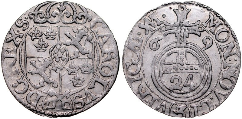 Karol XI 1660-1697, Półtorak 1669, Ryga. AHL 98, ładny, połyskowy egzemplarz. 
...