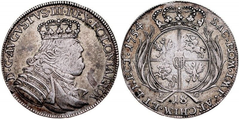 August III 1733-1763, 18 groszy 1754, Lipsk. Kop. 2111, Gum. 2158, ładny połysk ...