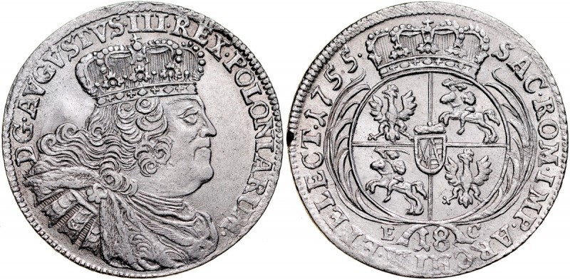 August III 1733-1763, 18 groszy 1755, Lipsk. Kop. 2113, Gum. 2161, piękna moneta...