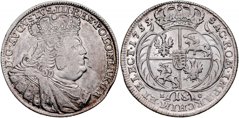 August III 1733-1763, 18 groszy 1755, Lipsk. Kop. 2113, Gum. 2161, przytarty rel...