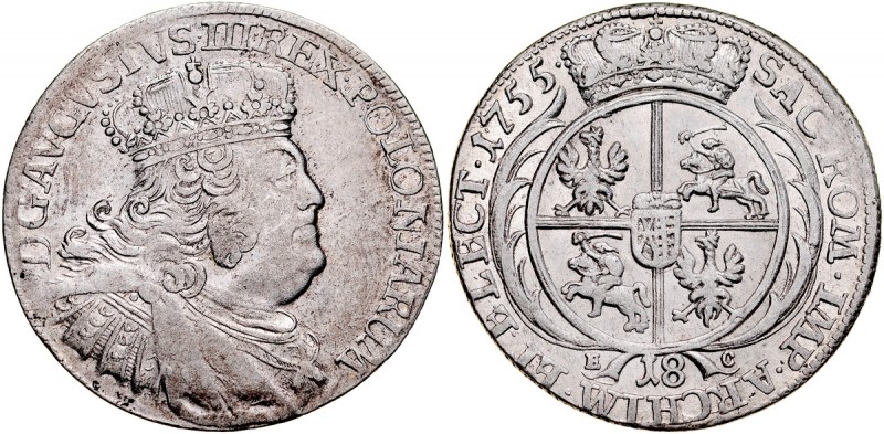 August III 1733-1763, 18 groszy 1755, Lipsk. Kop. 2113, Gum. 2161, ładna połysko...