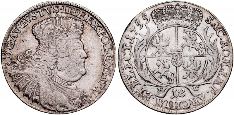 August III 1733-1763, 18 groszy 1755, Lipsk. Kop. 2113, Gum. 2161, ładna połysko...