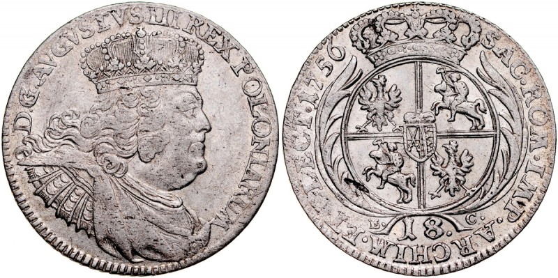 August III 1733-1763, 18 groszy 1756, Lipsk. Kop. 2115, Gum. 2162, ładna połysko...