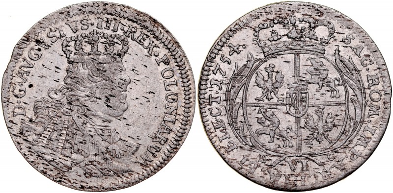 August III 1733-1763, Szóstak 1754, Lipsk. Kop. 2100, Gum. 2150, atrakcyjna mone...