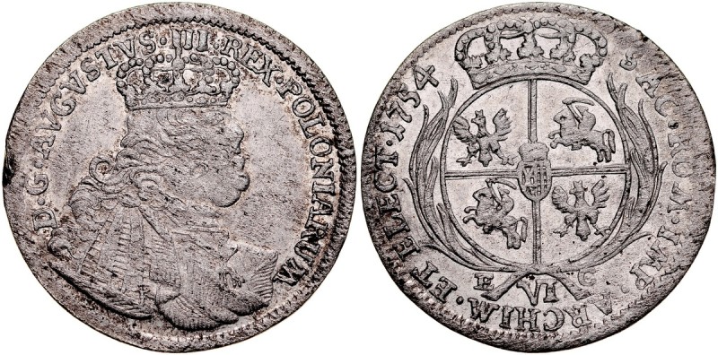 August III 1733-1763, Szóstak 1754, Lipsk. Kop. 2100, Gum. 2150, patyna, połysk ...
