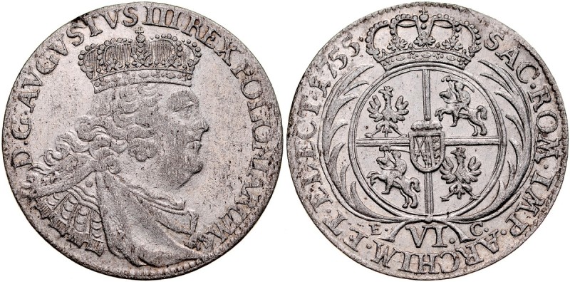 August III 1733-1763, Szóstak 1755, Lipsk. Kop. 2101, Gum. 2151, połysk menniczy...