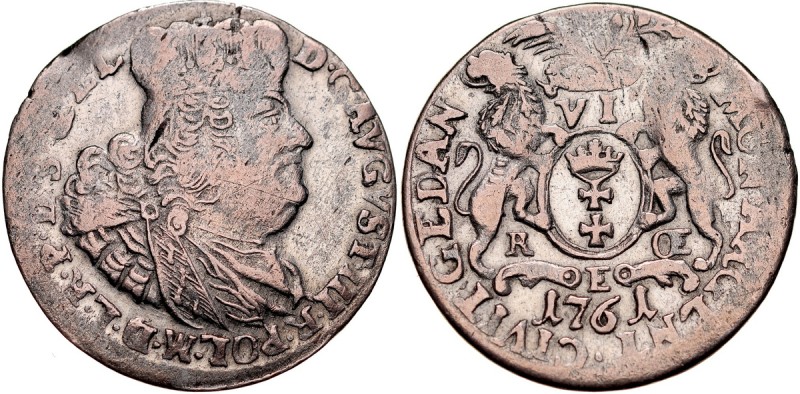 August III 1733-1763, Szóstak 1761, Gdańsk. Kop. 7751, umyty, połyskowy egzempla...